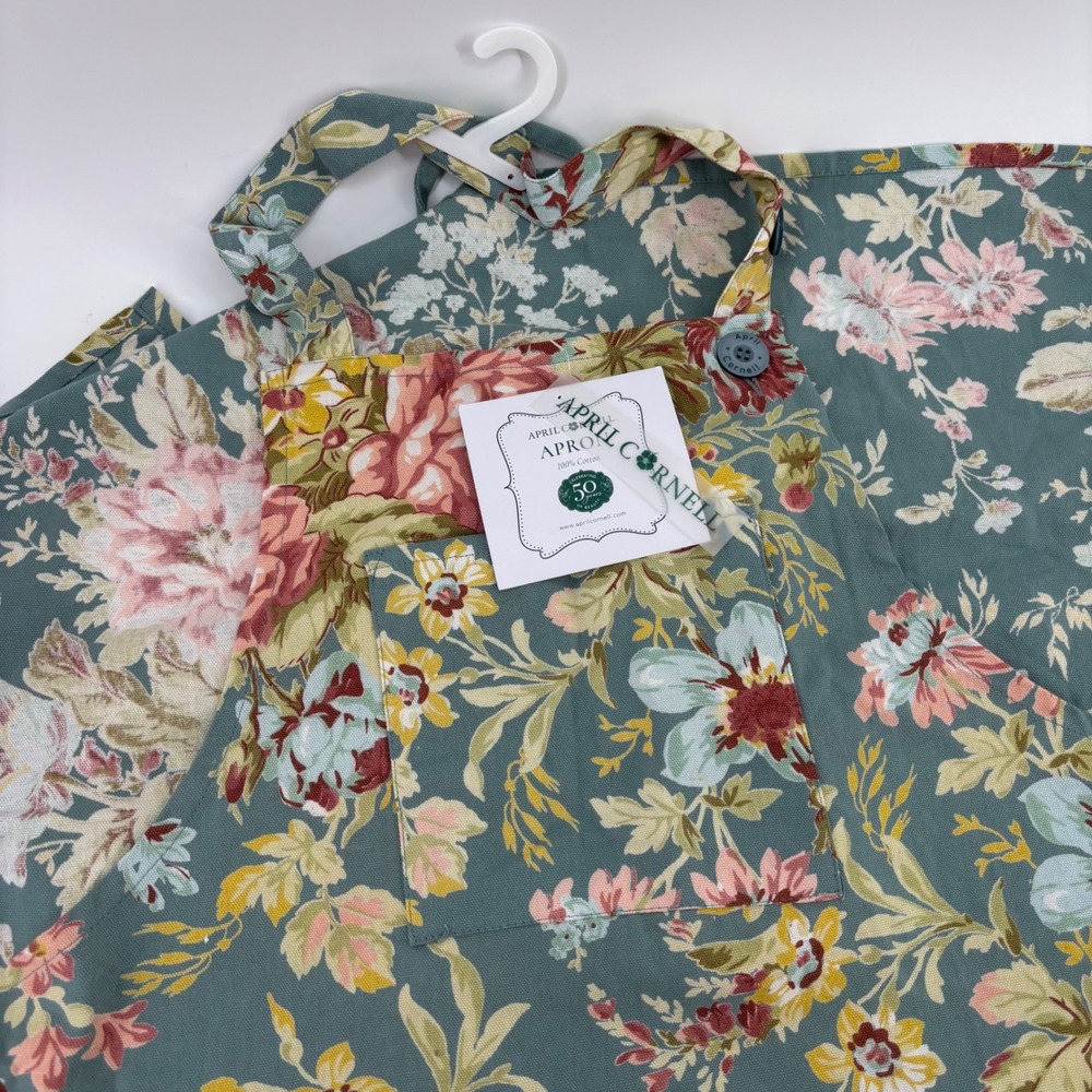 April Cornell Apron Womens OS Blue Floral Cotton Bib Pocket 50th Anniversary